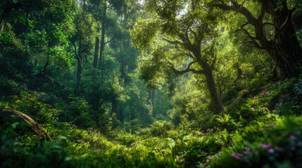 Fantasy forest plant anime background woodland scene concept. Lush green forest with sunlight filtering through dense foliage.