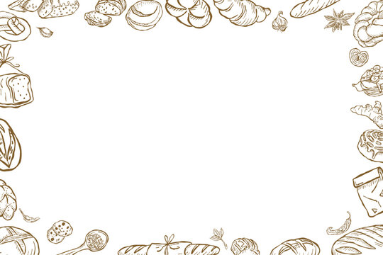 Decorative hand drawn bakery bread frame with vintage outline drawings