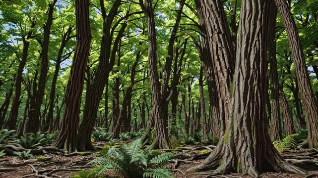 serene forest scene with green trees and ferns covering forest floor. Lush green trees and dense foliage create peaceful forest atmosphere. ancient relic forest with huge trees and prehistoric ferns.