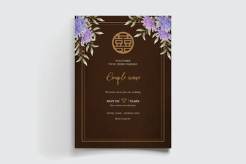WEDDING INVITATION FRAME WITH FLOWER DECORATIONS AND FRESH LEAVES