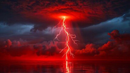 Powerful lightning storm weather phenomenon over water
