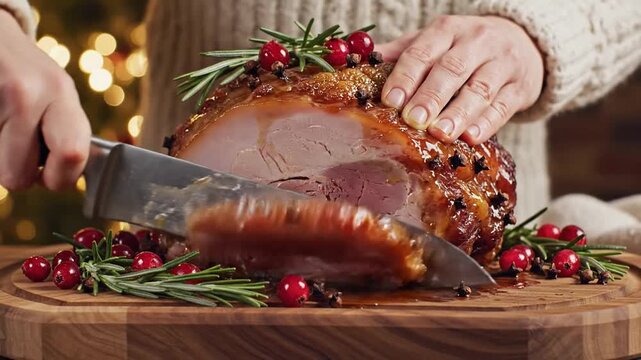 Chef slicing cooked ham with festive garnishes and wooden board