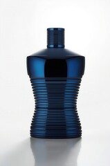 Blue glass perfume bottle with ribbed torso design against a light gray gradient background