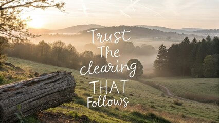 Misty landscape with inspirational quote at sunrise