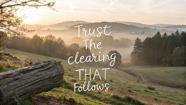 Misty landscape with inspirational quote at sunrise - Powered by Adobe