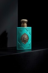 Luxurious turquoise perfume bottle with ornate gold cap and emblem against a dark background