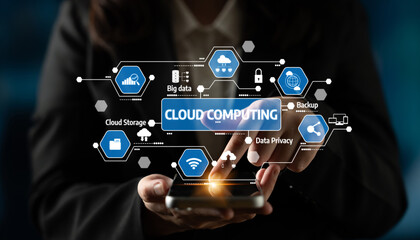 Explore cloud computing modern solutions through visual icons and touchscreen interaction, highlighting its significance in data privacy and business technology. Tessel