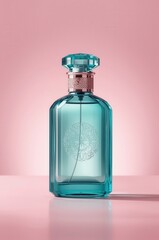 Elegant teal glass perfume bottle with rose gold accents against a soft pink background