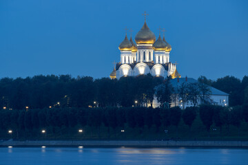 Yaroslavl, Yaroslavl Oblast, Russia. Evening landscape. View from the Volga River of the Dormition Cathedral. The large Orthodox church against the sky. Tourism and travel along Russia's Golden Ring.