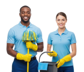 Smiling male and female cleaners with mop and bucket transparent background cutout png