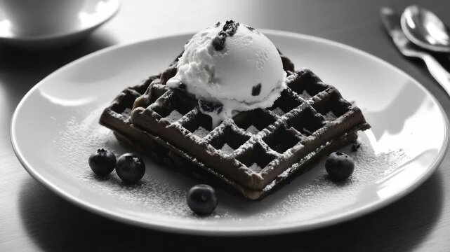 A plate of waffles with ice cream and blueberries. The waffles are topped with powdered sugar