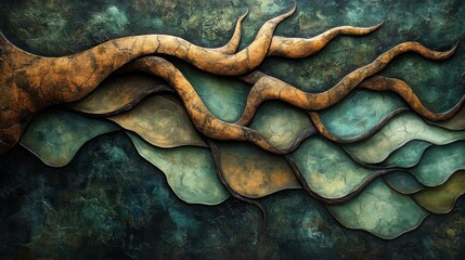 Textured tapestry depicting abstract roots amidst layered verdant forms evokes an elemental narrative of growth and decay in a sophisticated earth-toned palette