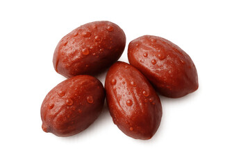 Obraz premium Fresh red elaeocarpus serratus fruits with water drops, symbolizing wellness and natural produce, transparent background