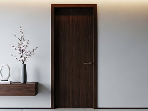 Elegant interior showcasing dark wood door and artistic decor elements