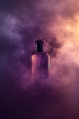 Luxury perfume bottle surrounded by dramatic purple and orange smoke, mystical and elegant fragrance concept