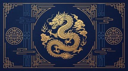 Golden dragon on blue background