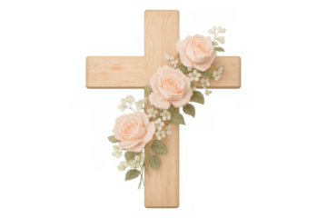 Wooden cross adorned with blush roses, symbolizing faith, remembrance, and loss. Transparent background allows flexible use
