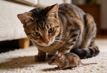 A tabby cat crouches low, intently observing a small field mouse standing on a light shag carpet indoors.