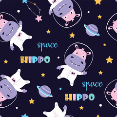 space seamless pattern with hippo