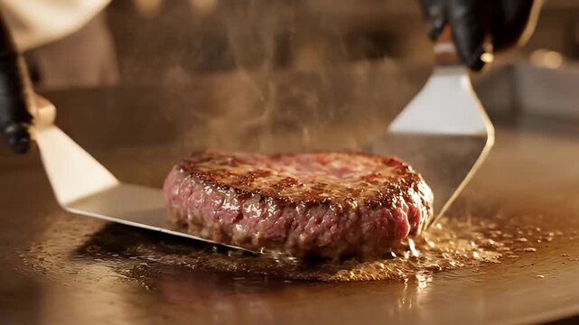 Thick juicy beef hamburger patty sizzling while being expertly flipped with metal spatulas on a hot teppanyaki grill releasing fragrant steam