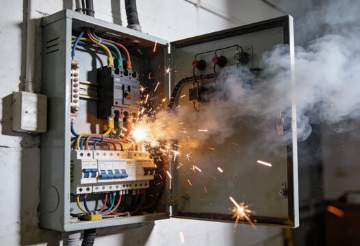 Severe electrical short circuit and arc flash inside an open industrial control panel, causing sparks and smoke.