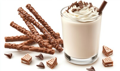Chocolate milkshake with chocolate sticks and small chocolate bites still life