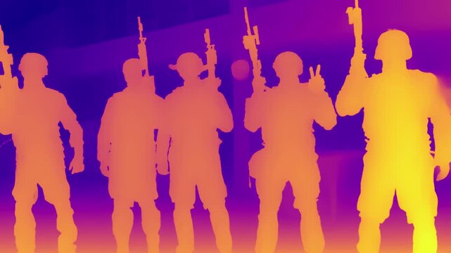 Five armed soldiers shown in thermal-style depth map silhouettes using vibrant orange and purple tones, illustrating spatial awareness in virtual environments.