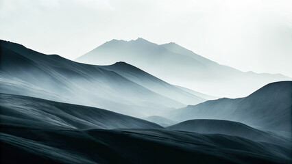 A misty mountain range beneath cloudy sky concept. Mysterious misty mountains create a serene and tranquil atmosphere.