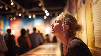 Medium shot of a visitor closely examining an interactive timeline display on tobacco history with the main exhibit in sharp focus and background visitors blurred.