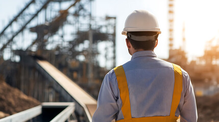 A worker in a white hard hat and yellow safety vest looks on at the construction site. The worker is standing in the foreground with a large construction site in the background.