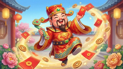 Chinese God of Wealth with red envelopes and coins