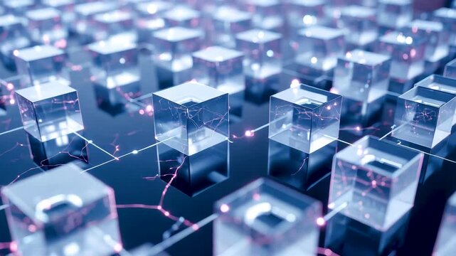 Transparent glass cubes arranged in grid with glowing connections between blocks