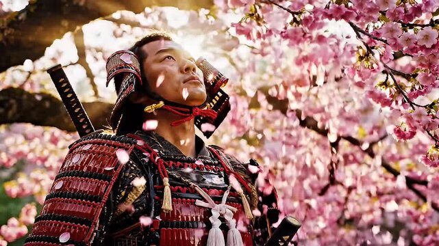 Traditional japanese samurai warrior in full historical armor standing beneath a blossoming cherry tree during the spring season