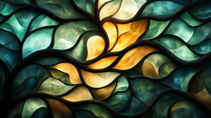 Organic stained glass texture background abstract art featuring shades of green, teal, yellow, and black in a flowing, natural design ideal for decorative and artistic projects