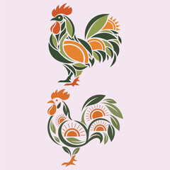 Stylized roosters with botanical and sun patterns