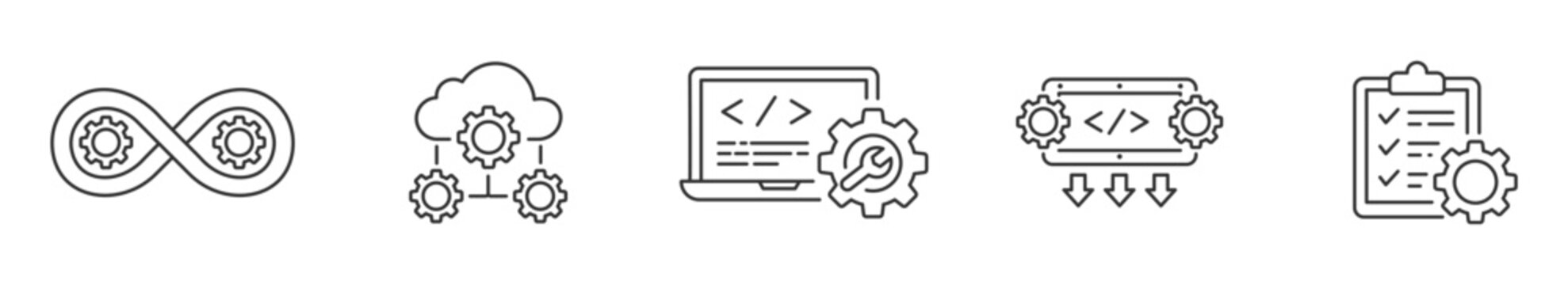 Devops Icons set. software development, infrastructure, deployment, and monitoring projects concept icon, vector illustration . 