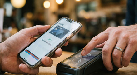 Customer completing a contactless mobile payment using a smartphone digital wallet at a point of sale terminal. Cashless transaction with tap-to-pay technology in a modern retail environment