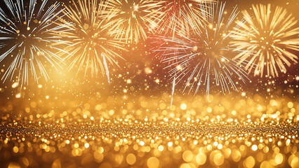 Golden fireworks illuminating the night sky with sparkling bokeh and glitter effects for festive celebrations