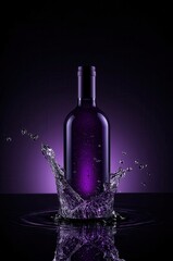 Dark purple wine bottle splashing liquid in dramatic studio lighting