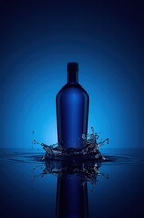 Dark blue glass bottle splashing water in deep blue studio lighting