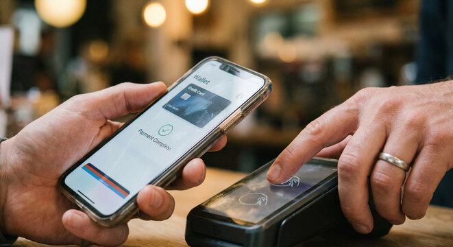 Customer completing a contactless mobile payment using a smartphone digital wallet at a point of sale terminal. Cashless transaction with tap-to-pay technology in a modern retail environment - Powered by Adobe