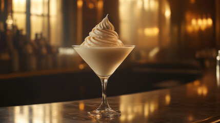 Creamy dessert served in elegant glass at upscale venue during evening hours with warm lighting