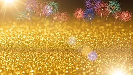 Dazzling fireworks explode above a shimmering gold glitter landscape, a radiant backdrop perfect for joyful celebrations and festive holiday events and happy new year