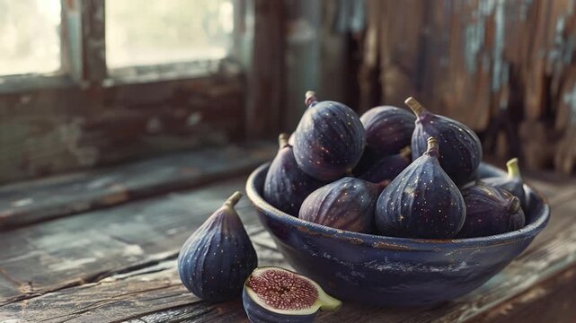 Video A simple still life of a bowl of fresh figs sitting on a wooden table, great for food and nature themed ry