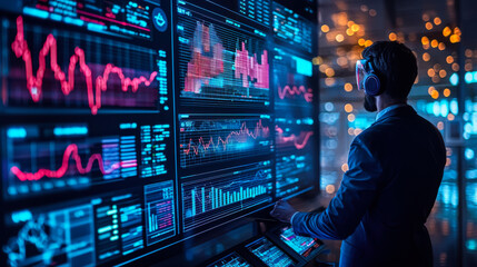 Business professional analyzes digital financial data on futuristic display in a corporate environment