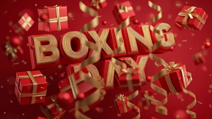 Bold red Boxing Day lettering with floating gift boxes creates a festive sale banner highlighting major discounts shopping excitement and seasonal promotions
