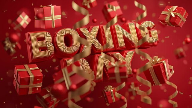Bold red Boxing Day lettering with floating gift boxes creates a festive sale banner highlighting major discounts shopping excitement and seasonal promotions - Powered by Adobe