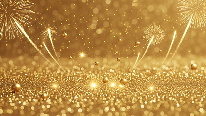 Golden Glittering Background with Festive Fireworks and Sparkling Lights
