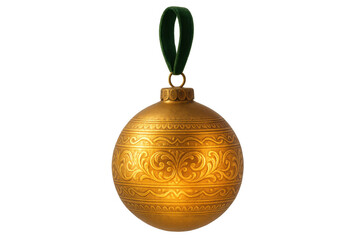 Gold christmas bauble hanging on green ribbon, embossed filigree pattern, holiday decoration on transparent background