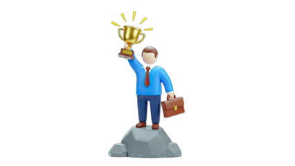Businessman holding trophy on a rock, success concept